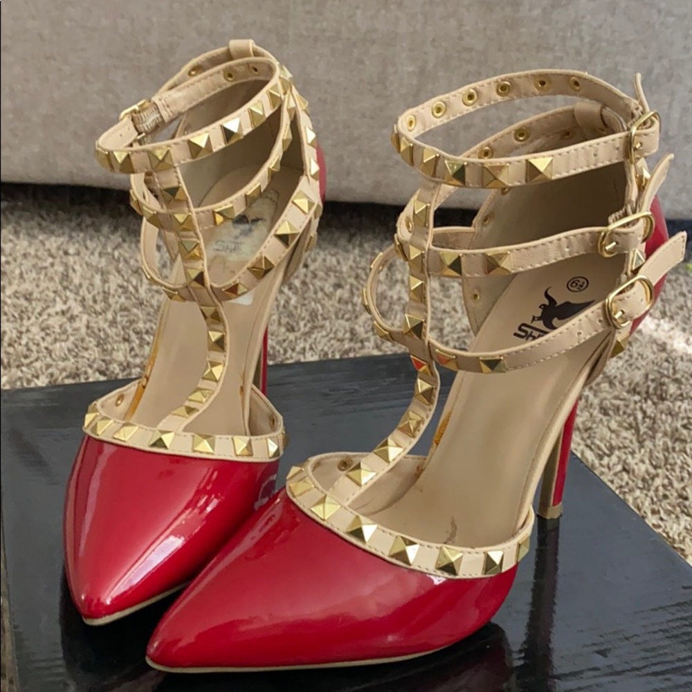 Red and nude with gold studs heels